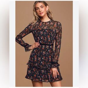 Lulus Floral to See Black Floral Print Long Sleeve Mini Dress M
